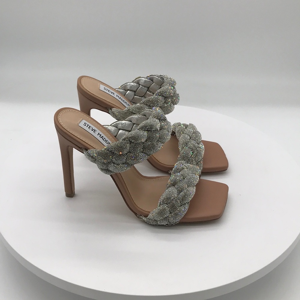 Steve Madden  womens Silver Braided Beaded High Heel Sandals size 7.5 US